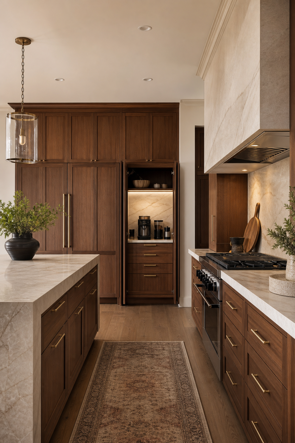 Kitchen with dramatic stone countertop and backsplash