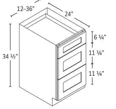 12″ three-drawer base cabinet configuration